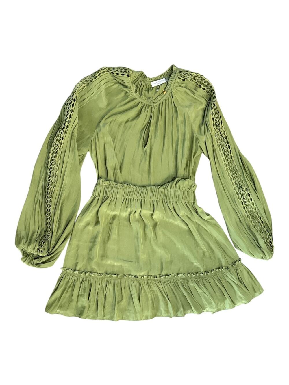 RAMY BROOK SILK OLIVE GREEN SMOCK CUTOUTS SLEEVES MINI DRESS SZ 2